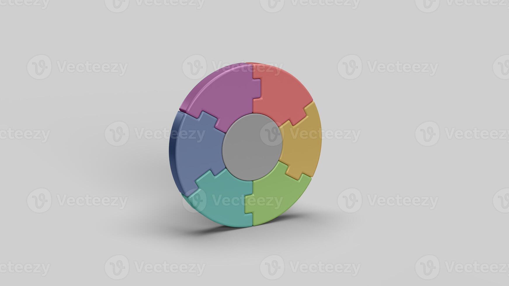 colored circular 3D puzzle pieces on the white backdrop, right view photo