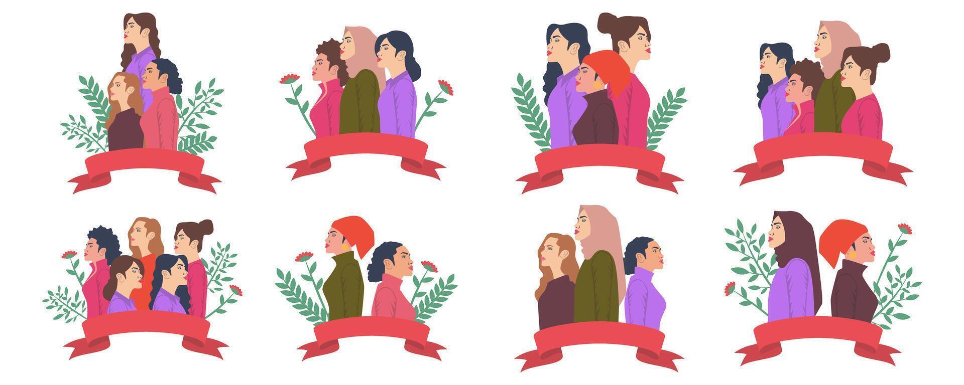 International Womens Day With Banner On White Background Set vector