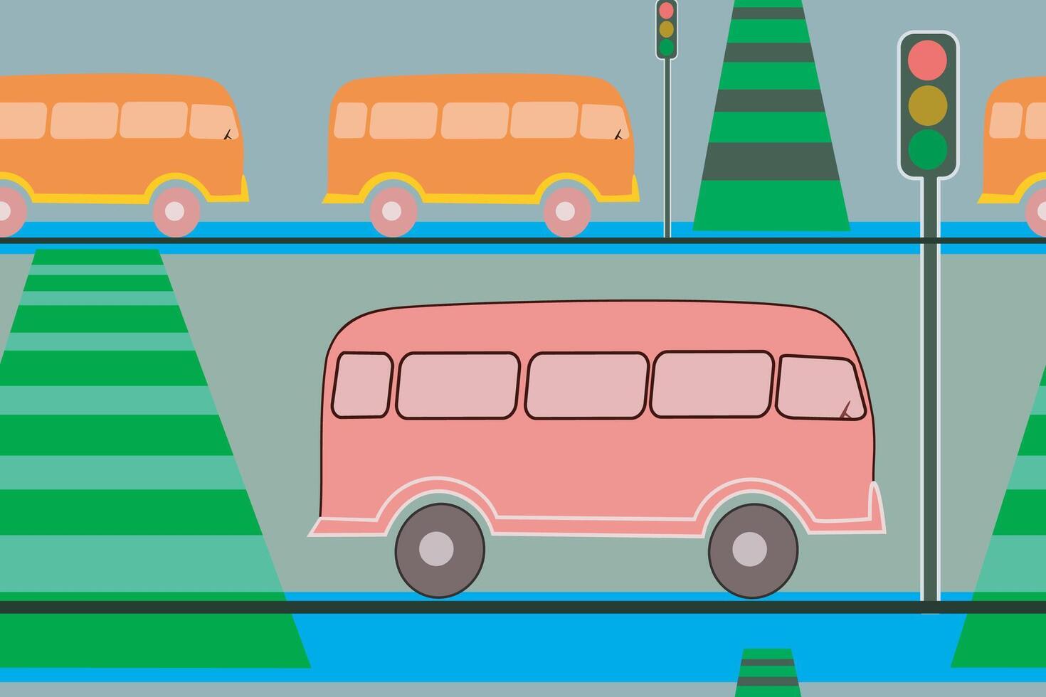 Seamless pattern bus with traffic light and zebra cross for kid design printing vector