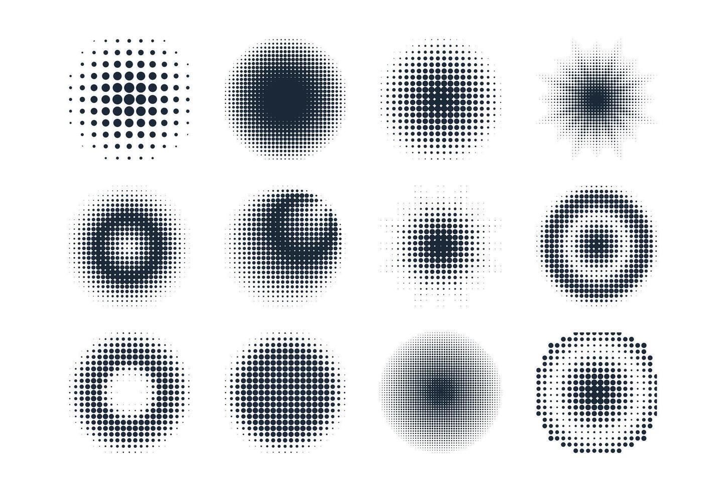 Collection of circular halftone patterns featuring black dot gradients. vector