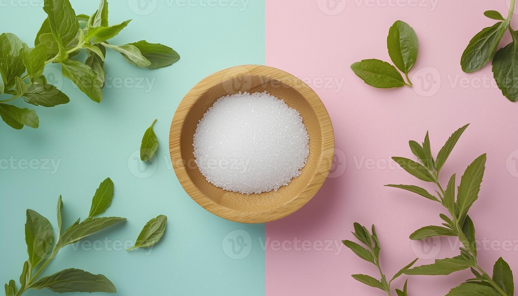 Stevia sugar grain on wooden bowl with green leaves photo