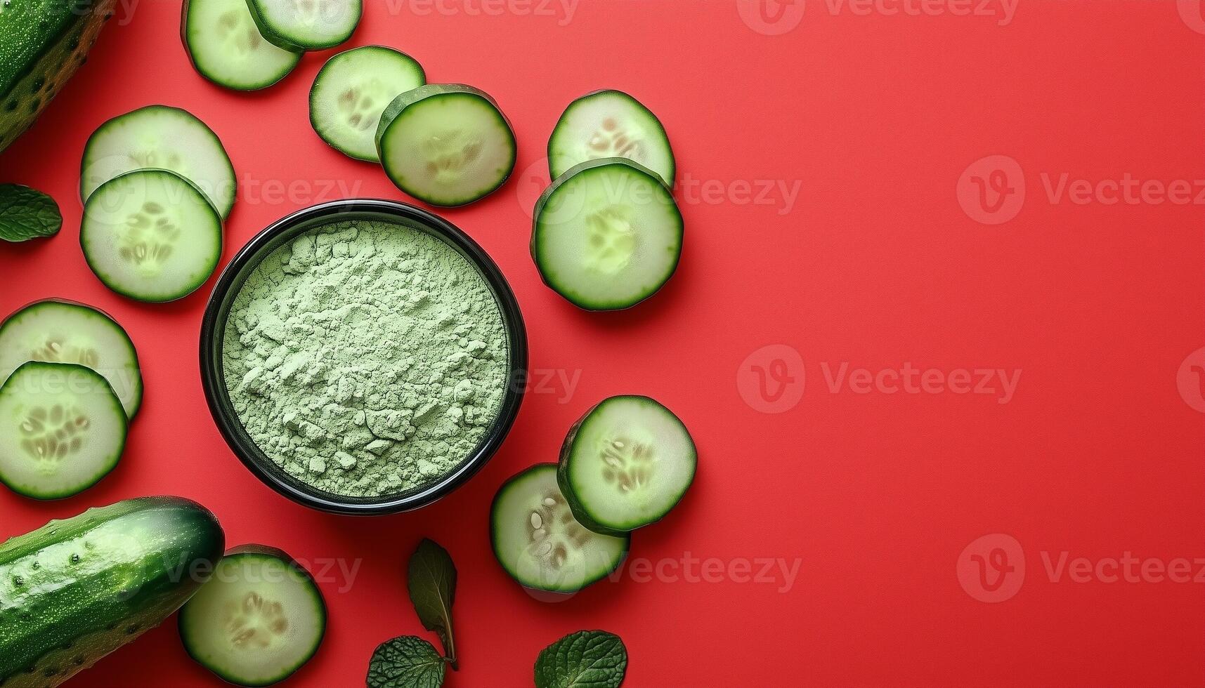 Cucumber vegetable slice extract dried natural flour on wooden bowl in red background photo