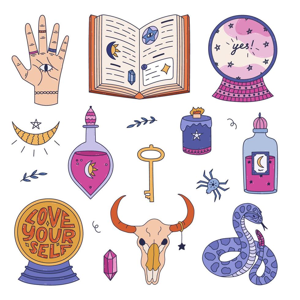 Lovely cartoon doodle supernatural and enchanted set. Cute hand drawn palm with all seeing eye, crystal ball of sorcerer, cow skull, snake, potion with moonlight. Halloween magic stickers. vector