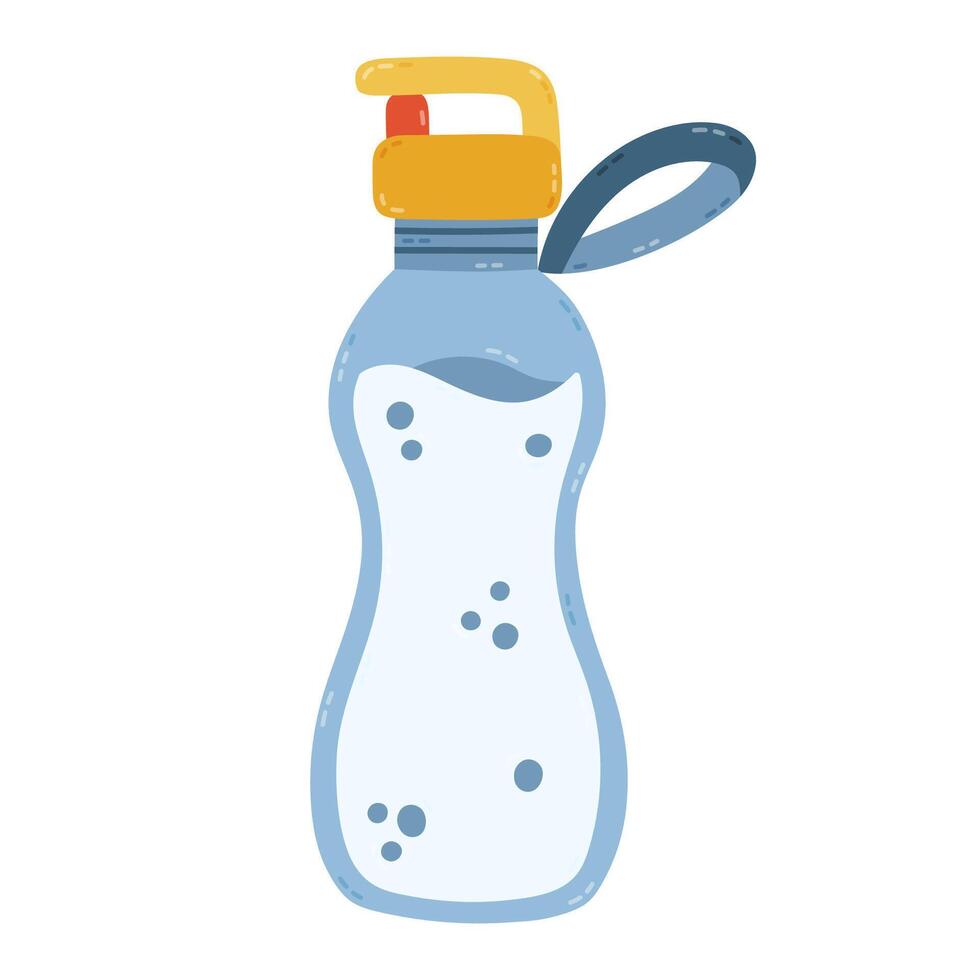 Lovely cartoon plastic sport bottle full of water with bubbles. Cute hand drawn clipart of water container isolated on white background. Fitness equipment, healthy habits. vector