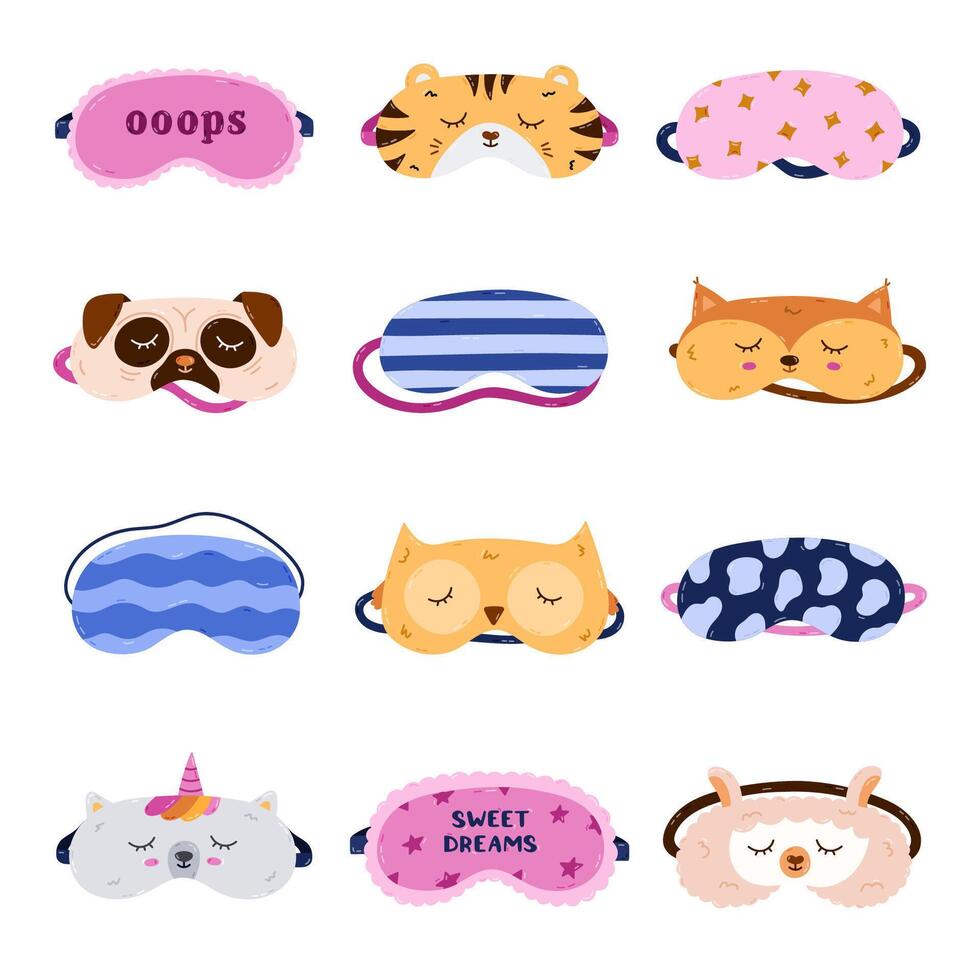 Big cartoon childish and feminine sleeping mask set with animal head, trendy pattern, lettering. Lovely hand drawn patterned eye mask for kids, women. Bedtime accessory for good night, comfort rest. vector