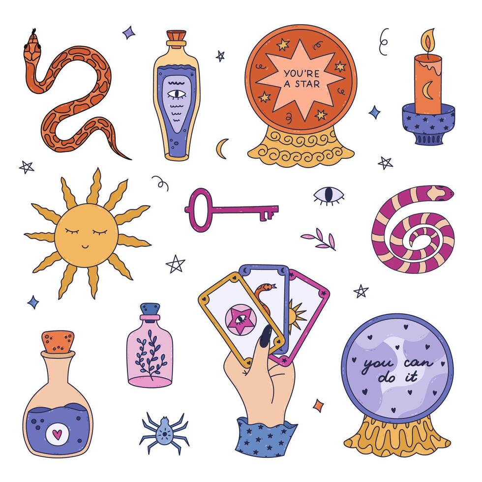 Lovely colourful doodle magical and fortuneteller set with witchcraft symbols. Cute hand drawn snake, positive forecast for future in crystal ball, potion, tarot Sun. Mystical icons isolated on white. vector