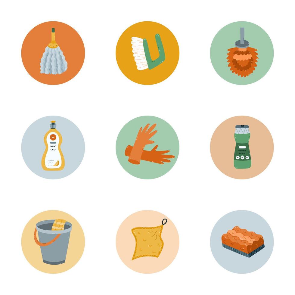 Trendy round cover stories icon for social media, blogs, business, branding with mop, bucket, toilet brush, scrubbing sponge clipart. Highlight icons with home care illustration in warm pastel colors. vector