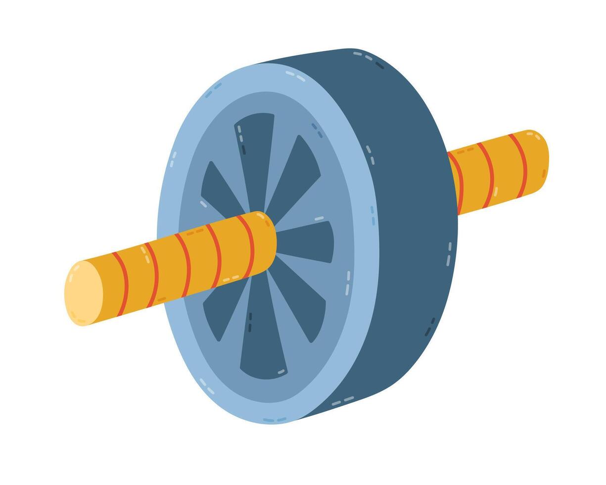 Lovely cartoon press roller for strong core and abdominal muscles. Trendy hand drawn gymnastic roller wheel with handles for training abs. Manual home and gym sport tool isolated on white background. vector