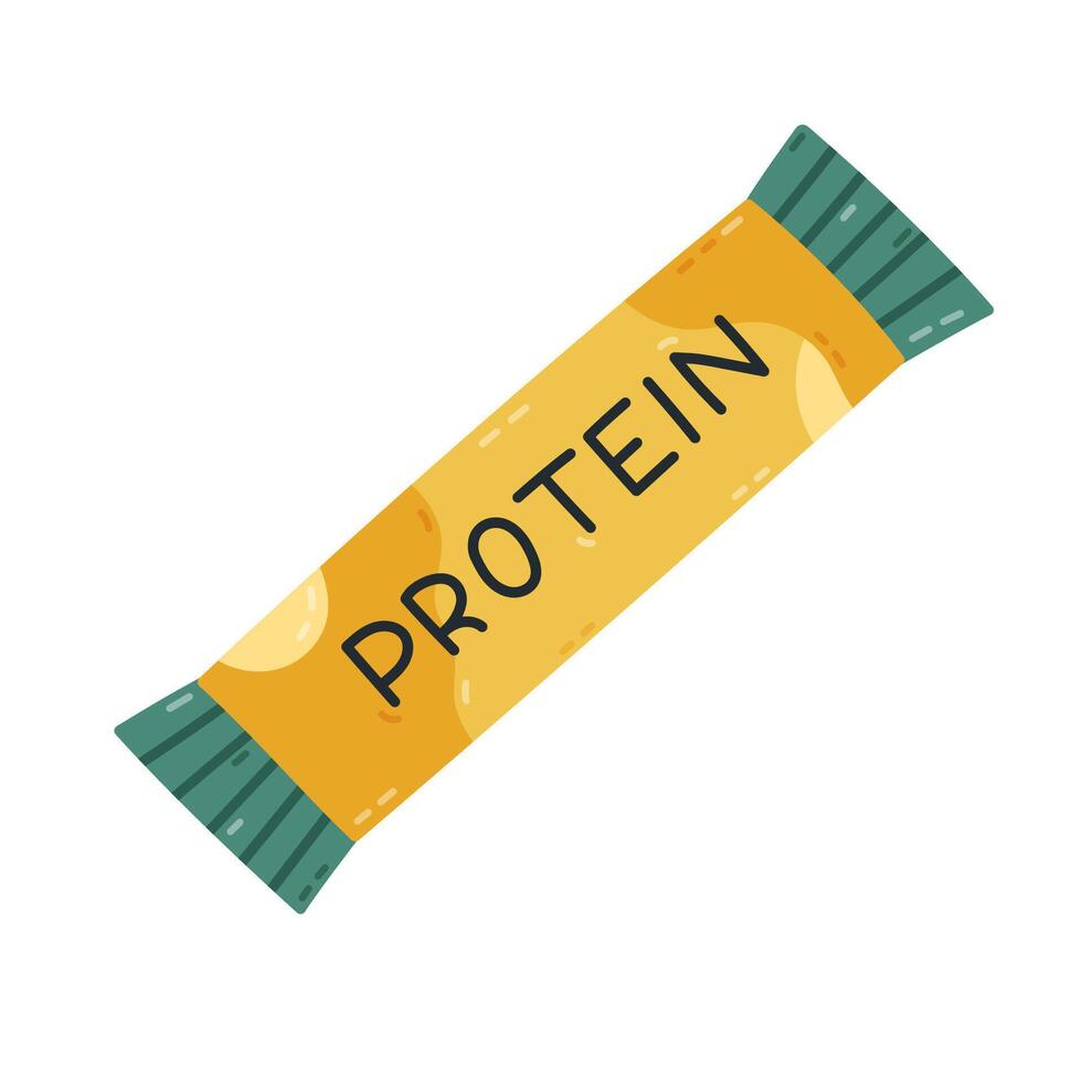 Lovely cartoon energy protein bar as snack before training. Hand drawn nutritional bar, protein supplement to increase strength. Healthful fitness meal with cereal and chocolate isolated on white. vector