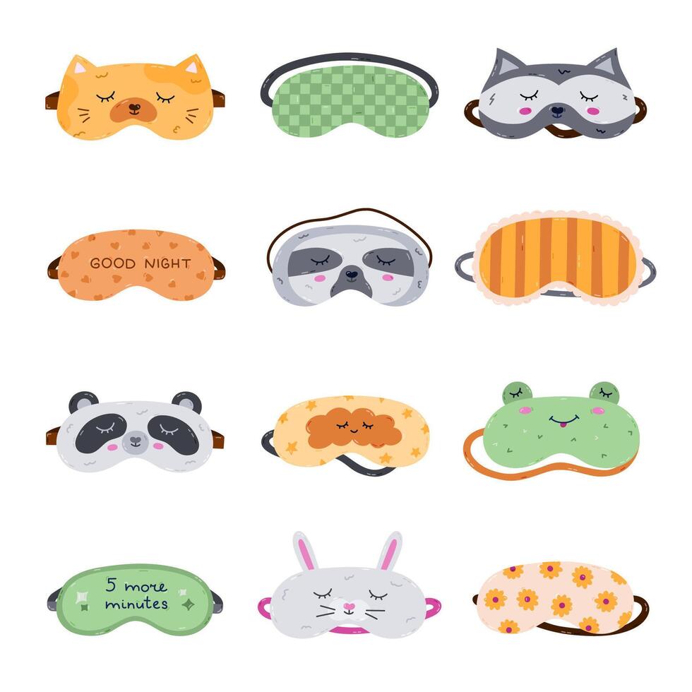 Big cartoon childish and feminine sleeping mask set with pet head, geometric and flower ornament, lettering. Lovely hand drawn patterned eye mask. Bedtime accessory for sweet dreams isolated on white. vector