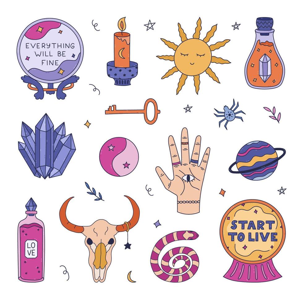 Lovely colored doodle witchcraft and mystery set. Cartoon hand drawn magic crystal ball, gemstone, sun symbol, skull of cow, snake, love potion. Cute esoteric illustrations for tattoo, print, media. vector