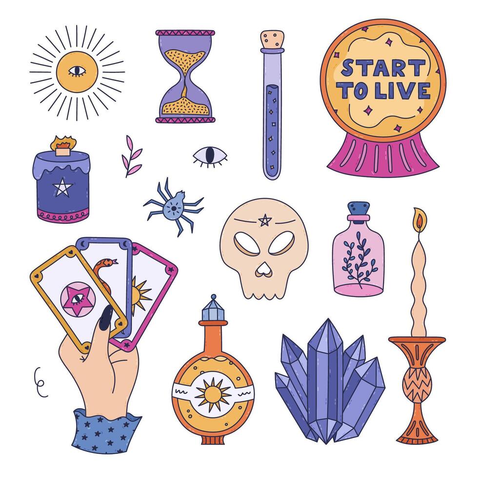 Lovely multicolor doodle witch core and astrology set. Cute hand drawn fortune teller hand with tarot, wizard glass ball, ritual candle, crystal gems, magic sun liquid. mystical elements. vector