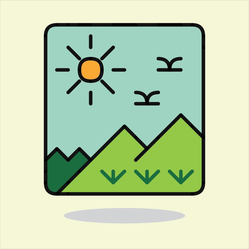 Sunshine Vista Icon. A charming icon captures a serene landscape, featuring a radiant sun, soaring birds, and majestic mountains, a visual embrace of nature's beauty. vector