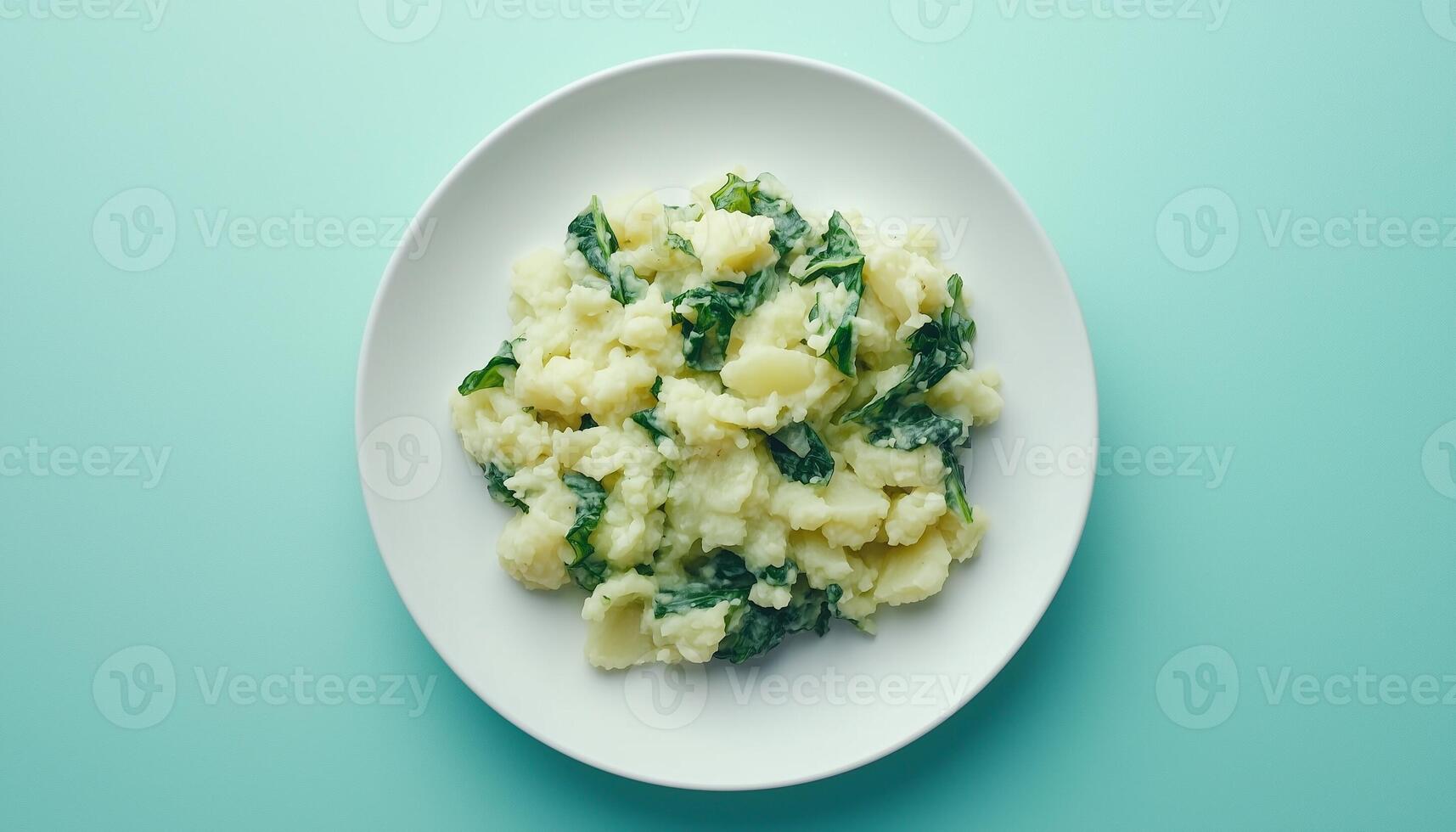 Mashed potato with parsley on white plate for healthy real food breakfast in blue background photo