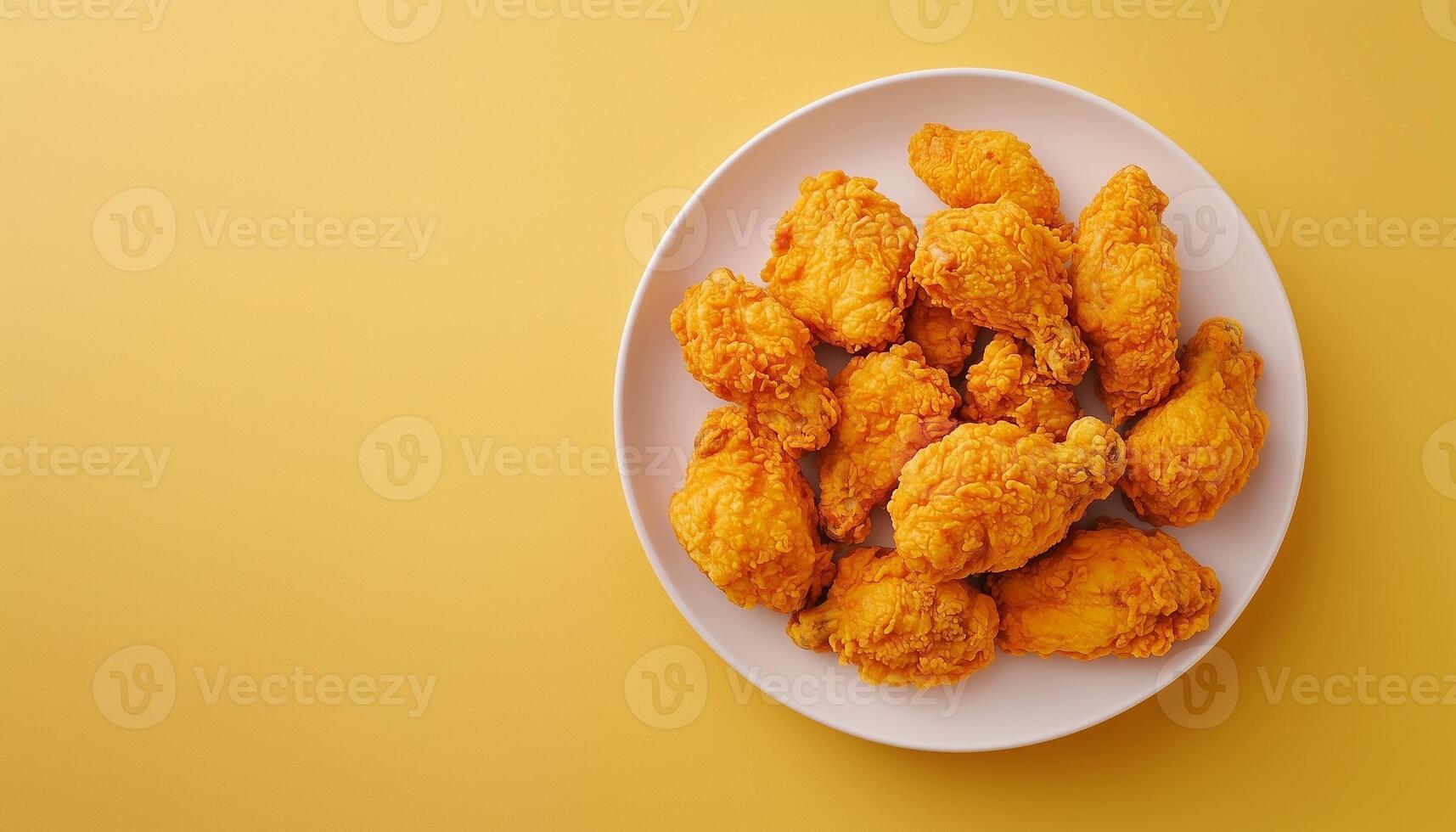Flat lay chicken fried crunchy on white plate for simple lunch yellowbackground photo