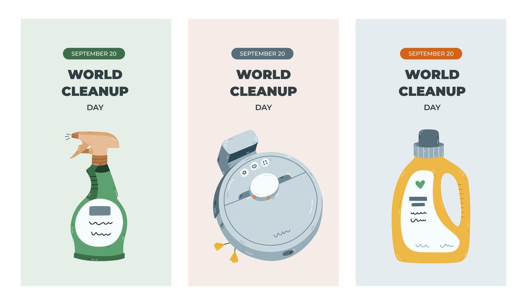 Simple set of vertical stories for World Cleanup Day with colorful clipart of cleanup supply. Greeting concept banner with robot vacuum cleaner, dispenser bottle, laundry conditioner for social media. vector