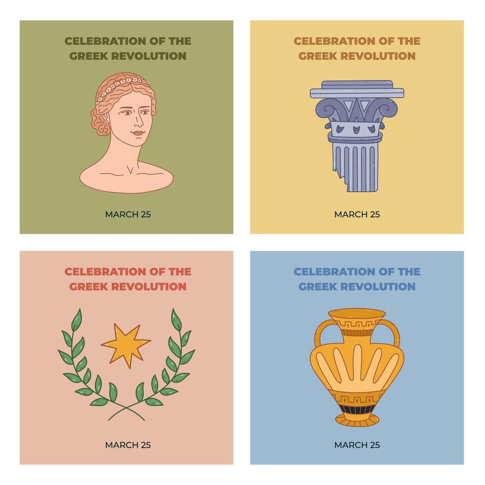 Pastel set of holiday square poster for Celebration of the Greek Revolution with women sculpture, laurel wreath, ruined column, vase. Hand drawn Greece clipart for social media post, website banner. vector