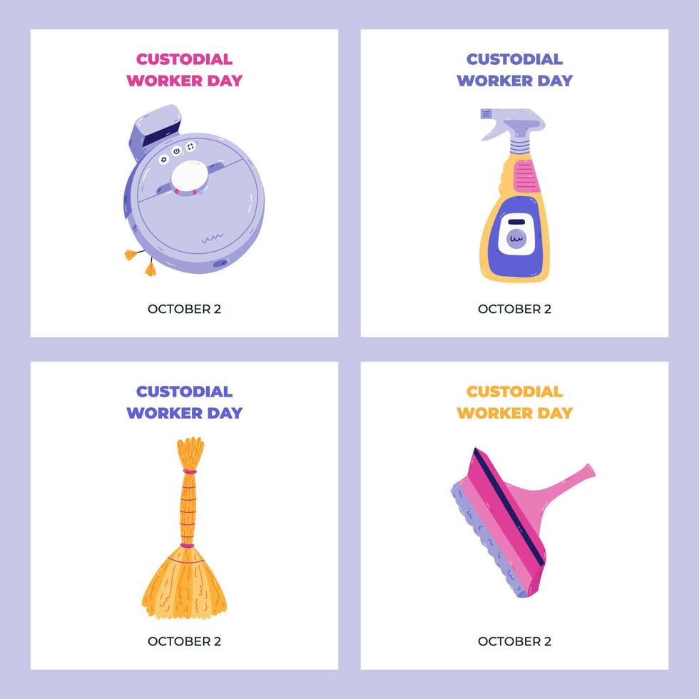 Set of square simple banners for Custodial Worker Day with vacuum cleaner, spray cleanser, broom, window scraper. Hand drawn washing and hygiene clipart for social media, website banner, promotion. vector