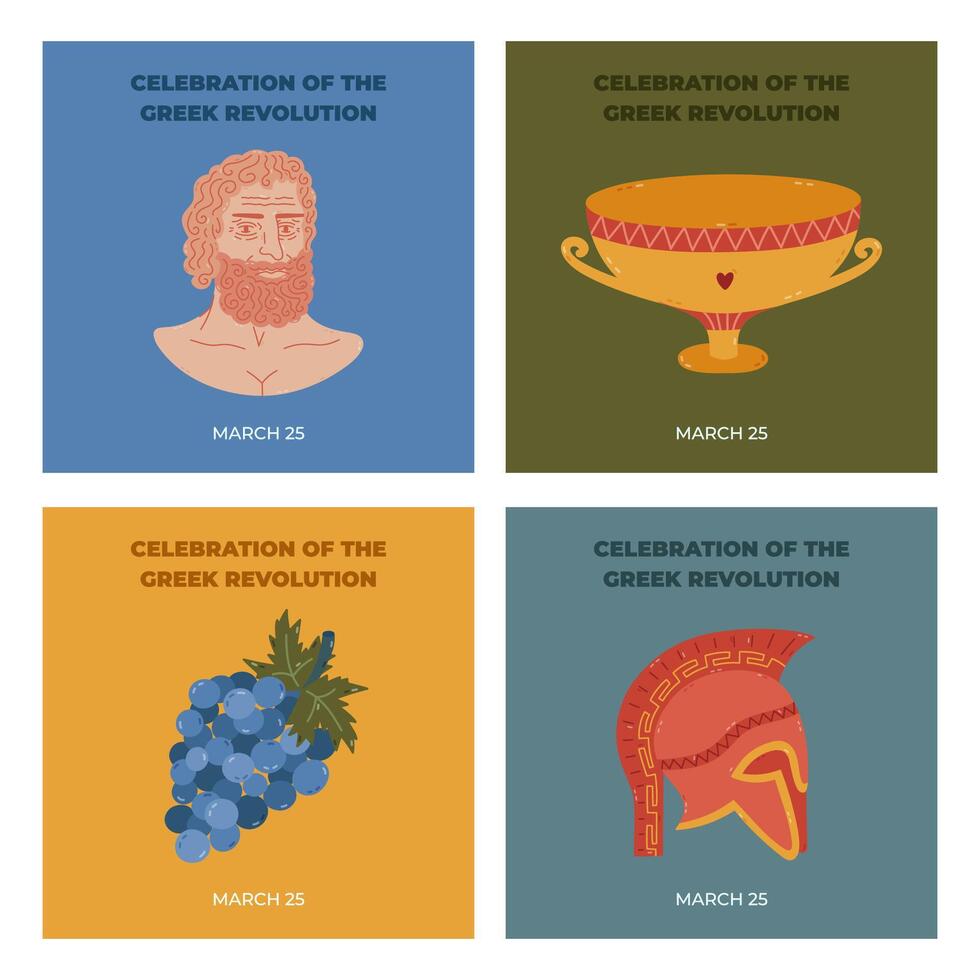 Vivid set of holiday square poster for Celebration of the Greek Revolution with man head monument, gladiator helmet, grape, bowl. Hand drawn Greece clipart for social media post, website banner. vector