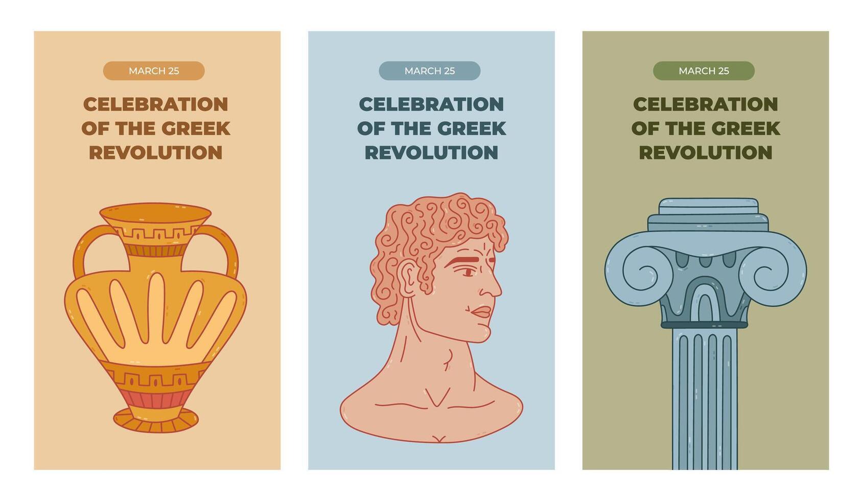 Vertical pastel set of stories for Celebration of the Greek Revolution with classical Greece cartoon clipart. Holiday banner with David sculpture, amphora, pillar for postcard, poster, social media. vector