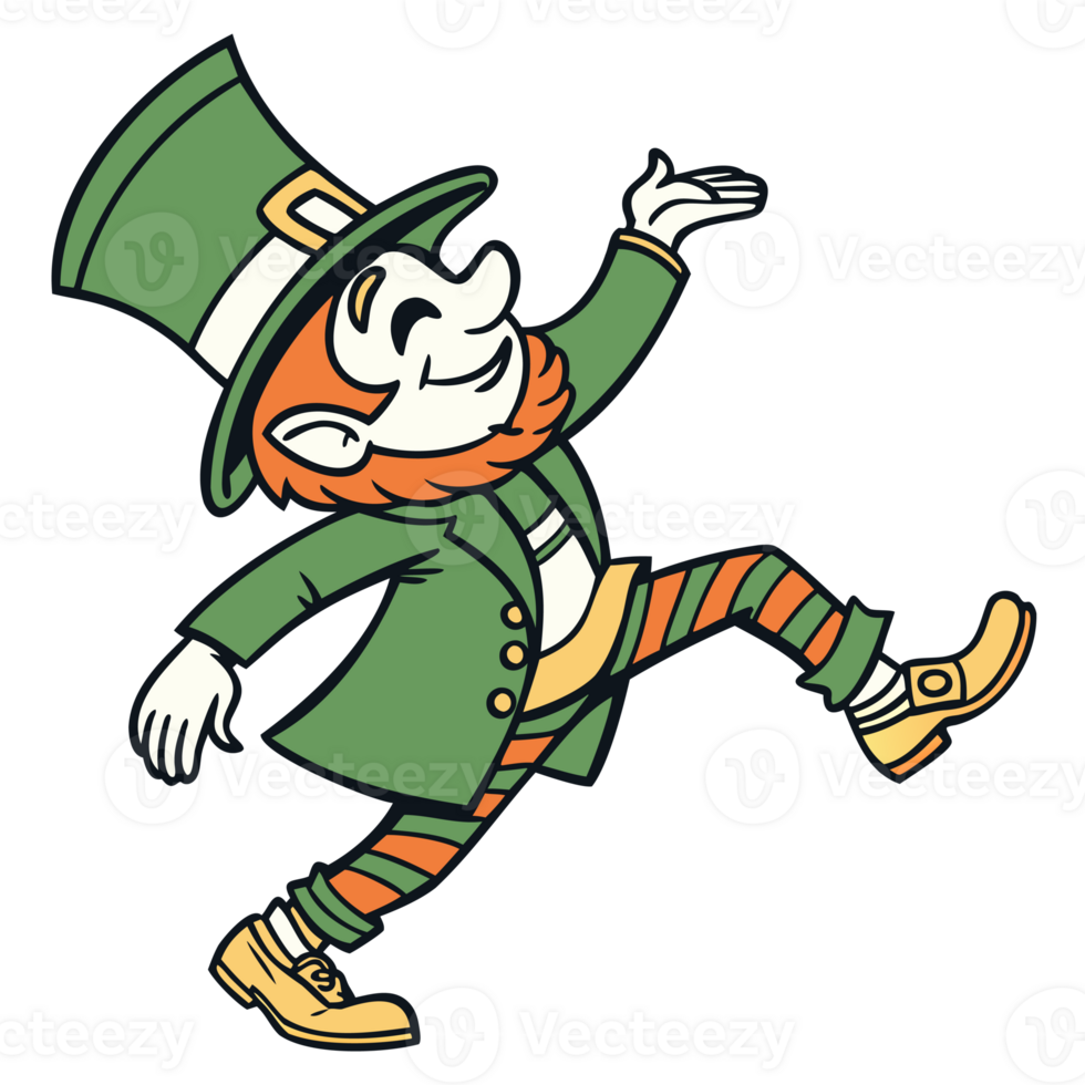 Cheerful dancing leprechaun in green outfit with gold buckled boots and festive Irish celebration style vintage cartoon illustration png