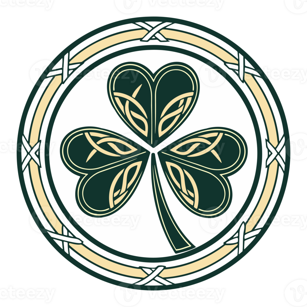 Celtic shamrock emblem with intricate knotwork and ornate circular border in green gold illustration png