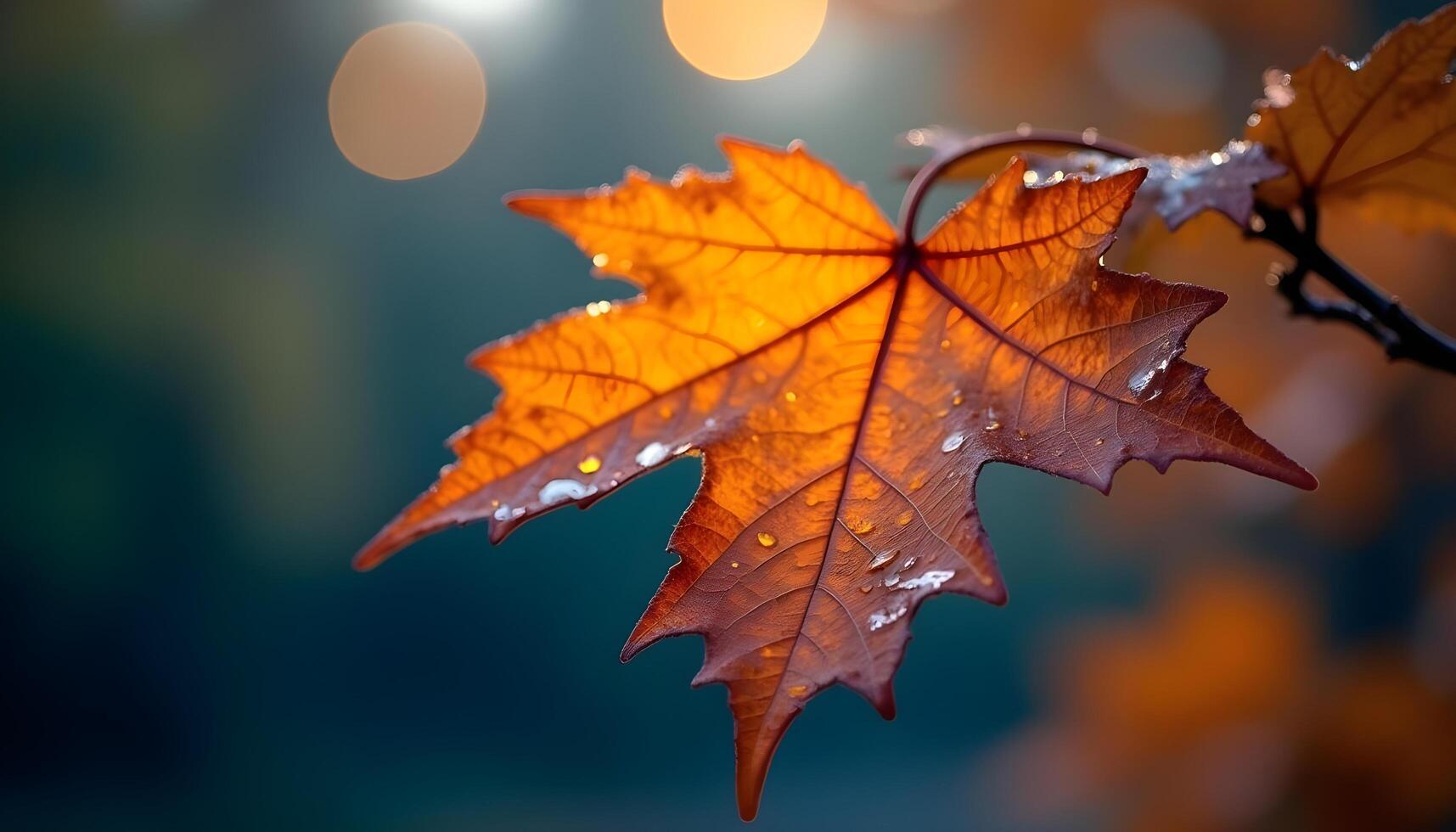 Maple leaf with water droplets and bokeh lights photo