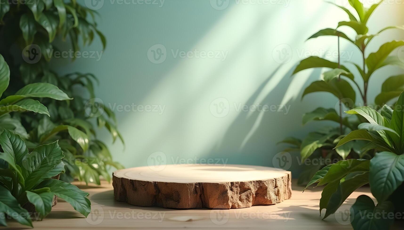 Wooden podium in a studio with plants and a light blue wall Product Showcase Concept photo