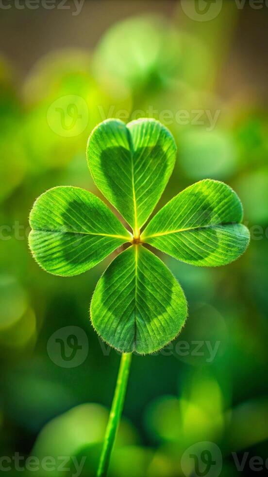 Vertical rare four-leaf clover growing on meadow, symbolizing luck, nature beauty. vibrant quadrifolium stands out as natural wonder amidst lush greenery. photo