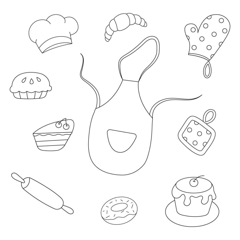 A set of kitchen utensils, a baking set, a black and white illustration on a white background. vector