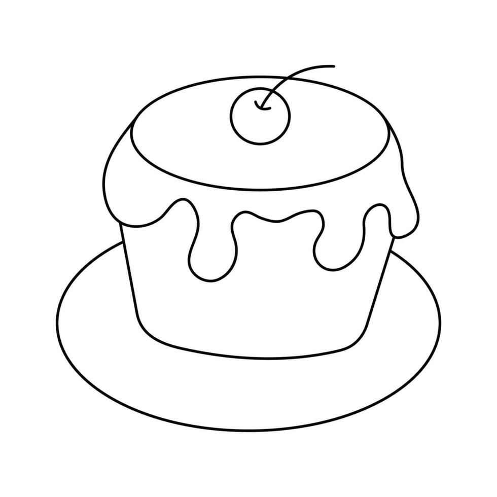 Black and white illustration of a cake with cream and cherries on a white background. vector