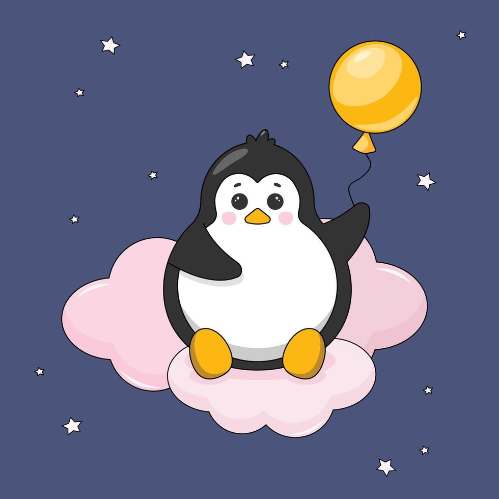 Cute little penguin with a balloon in his hand on pink clouds against the starry sky. vector