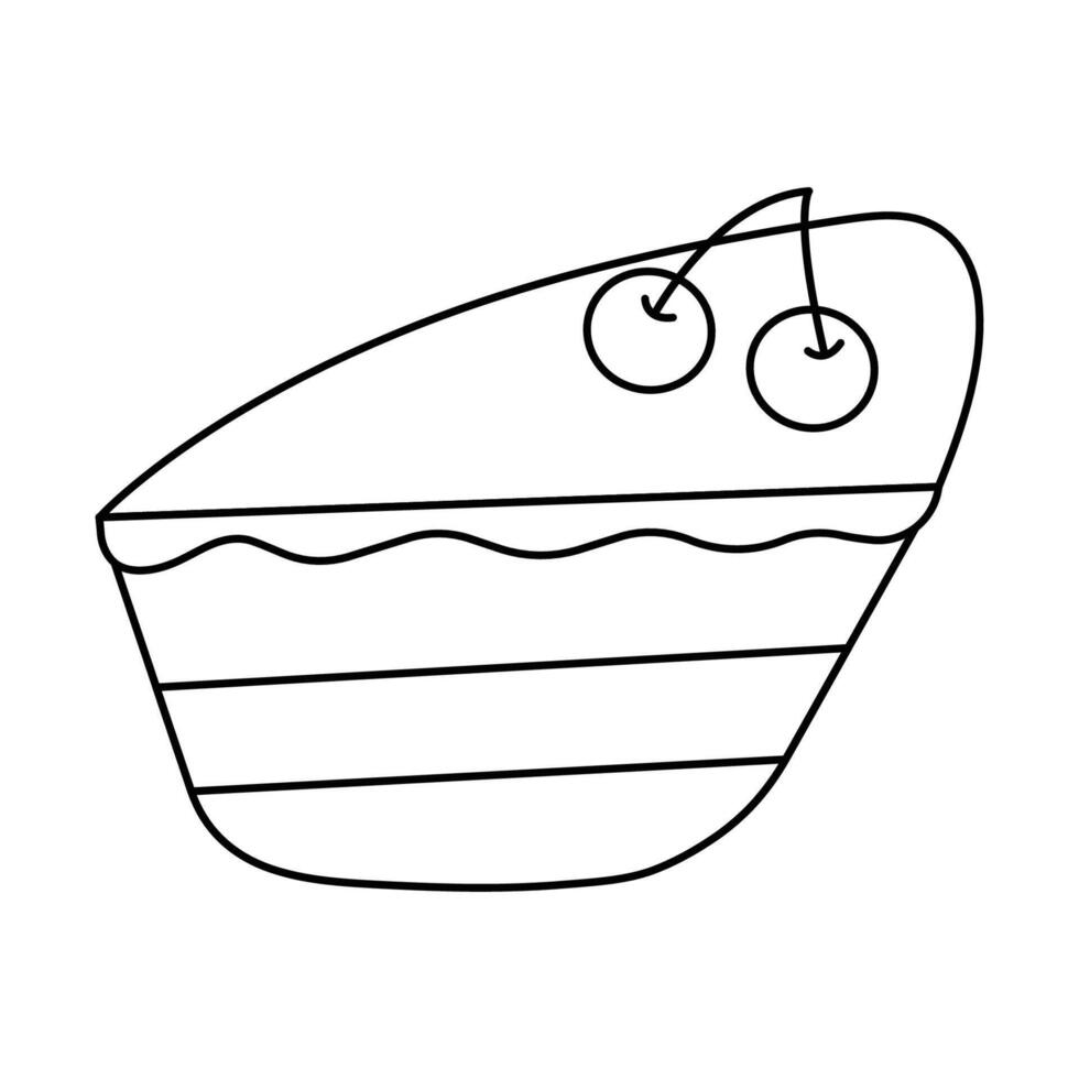 Black and white illustration of a piece of cake with cream and cherries on a white background. vector