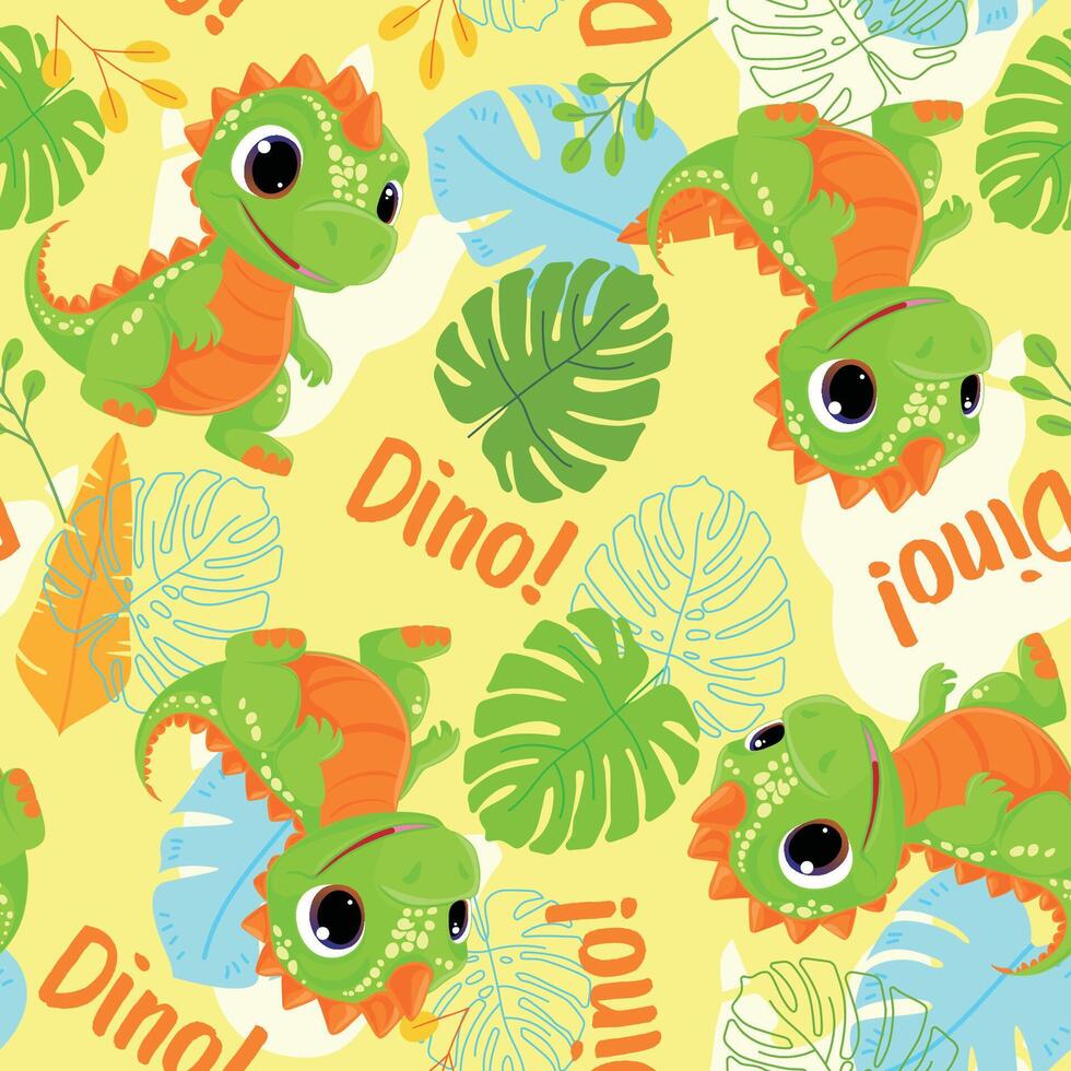 Cute Green Dinosaur Seamless Pattern. Playful T-Rex and Tropical Leaves vector
