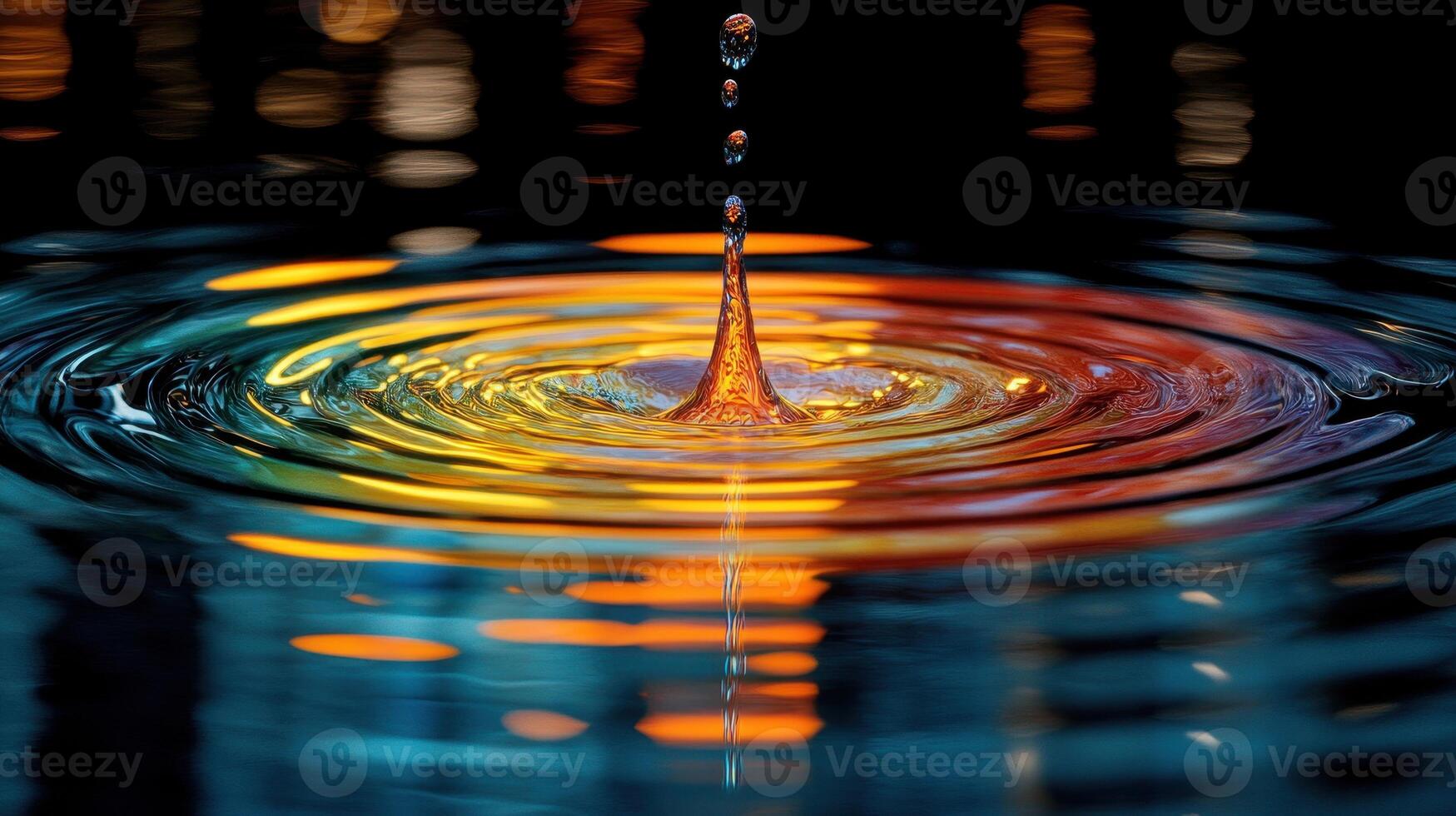 Water drop impact, colorful ripples, night city bokeh, abstract background, stock photo