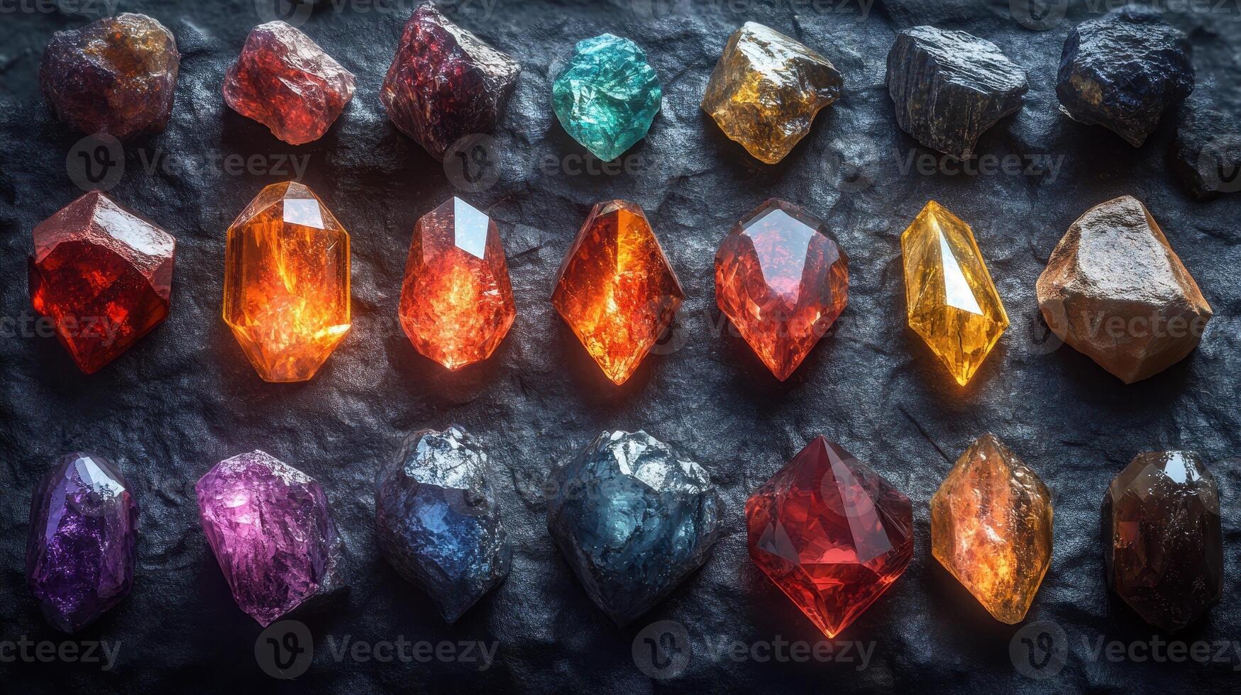 Colorful gemstones arranged on dark stone, background texture, jewelry design photo