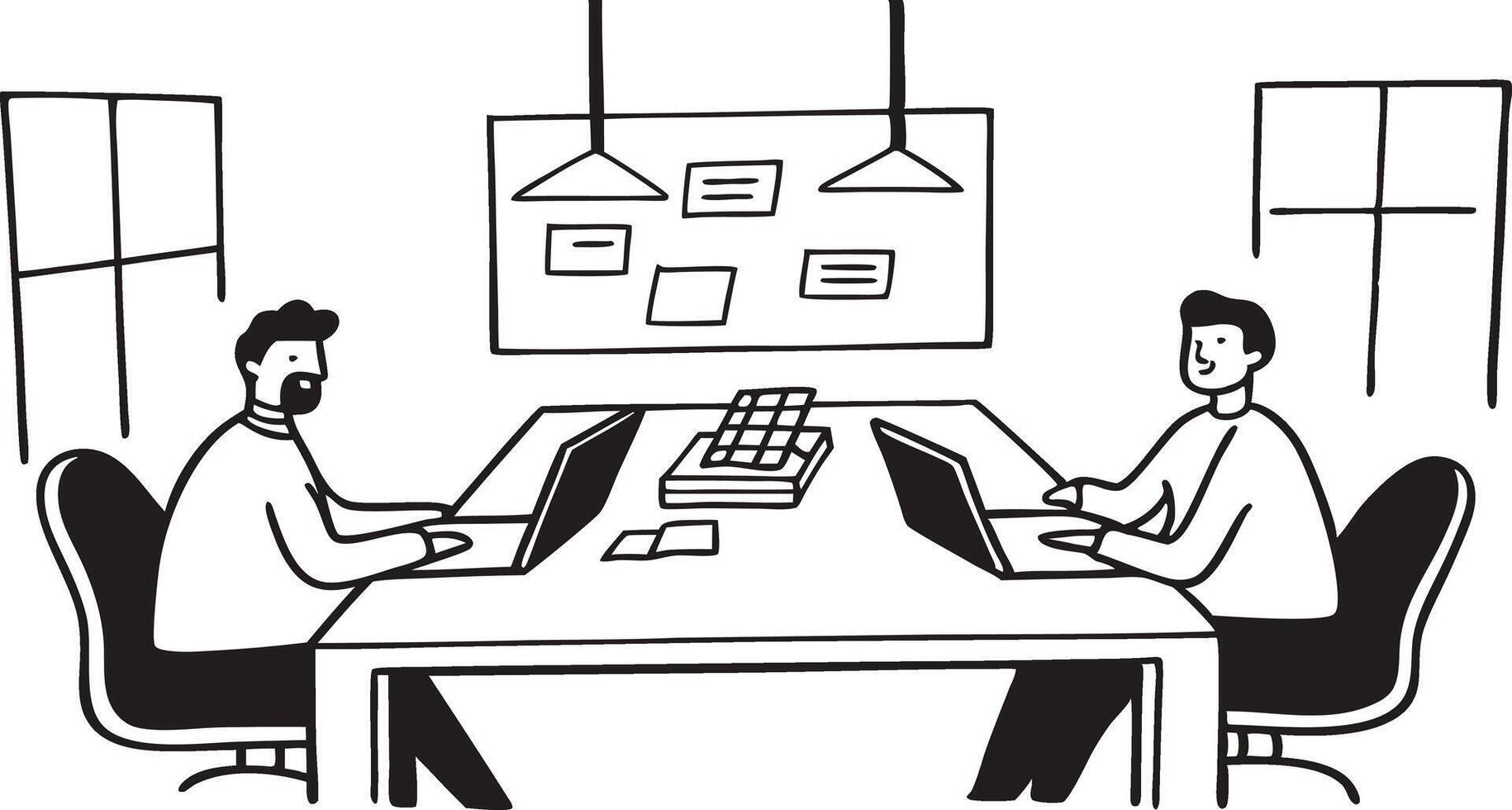 Two people sitting at a table with laptops vector