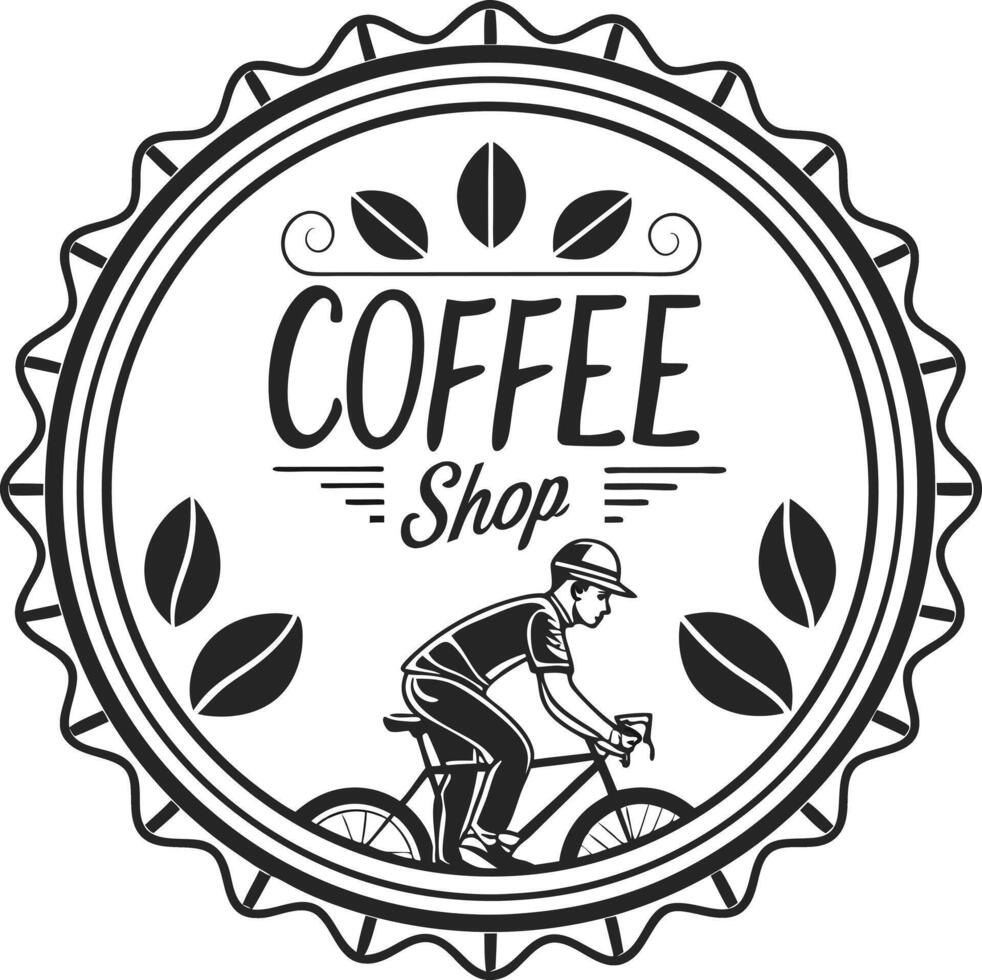 Coffee shop logo with a man riding a bicycle vector