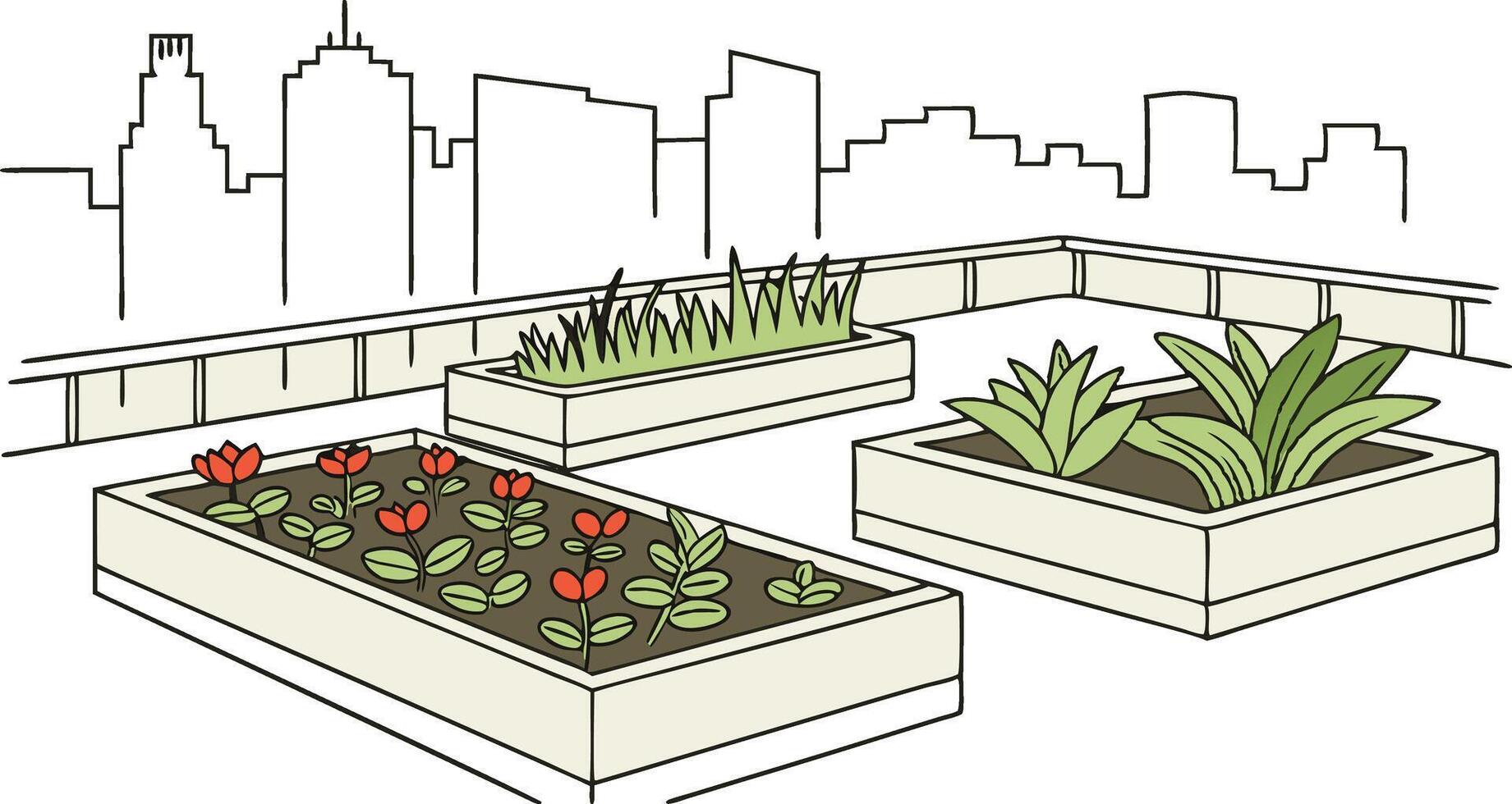 A drawing of a garden with plants in planters vector