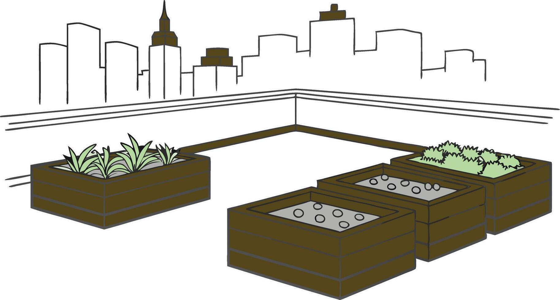 A drawing of a rooftop garden with plants in wooden planters vector