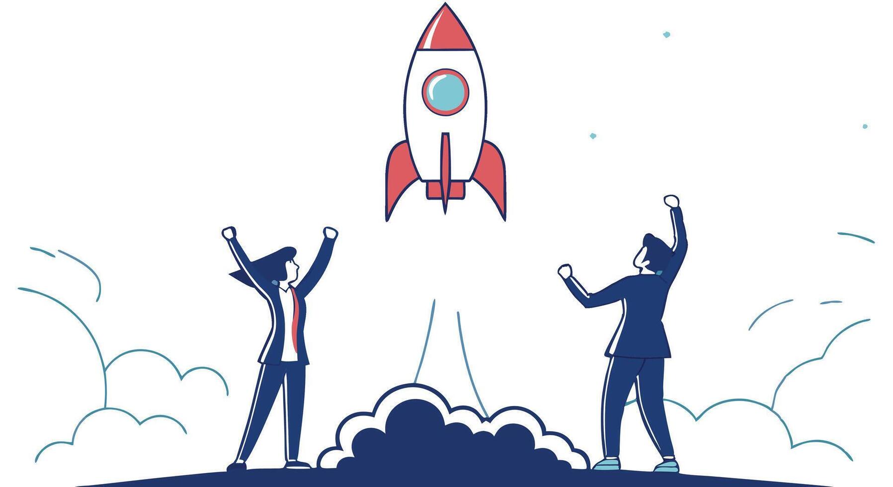 Two people are raising their hands in the air as they are standing on a rocket vector