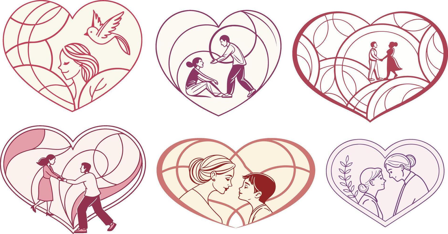 Set of illustrations of people in heart shapes vector
