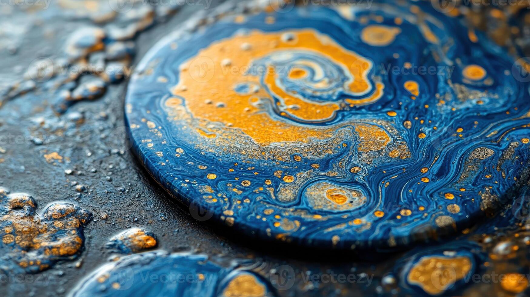 Abstract swirling gold and blue paint, close-up macro shot photo