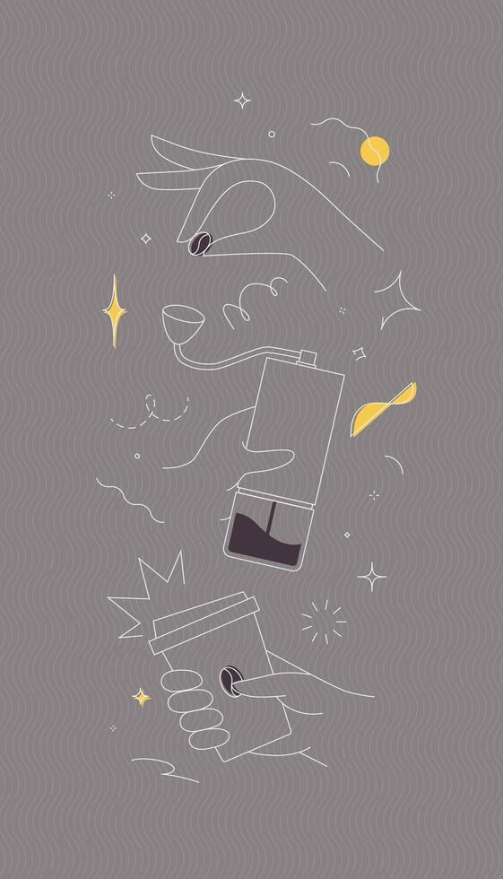 Coffee bean and grinder take away cup symbols drawing in modern linear art style vector
