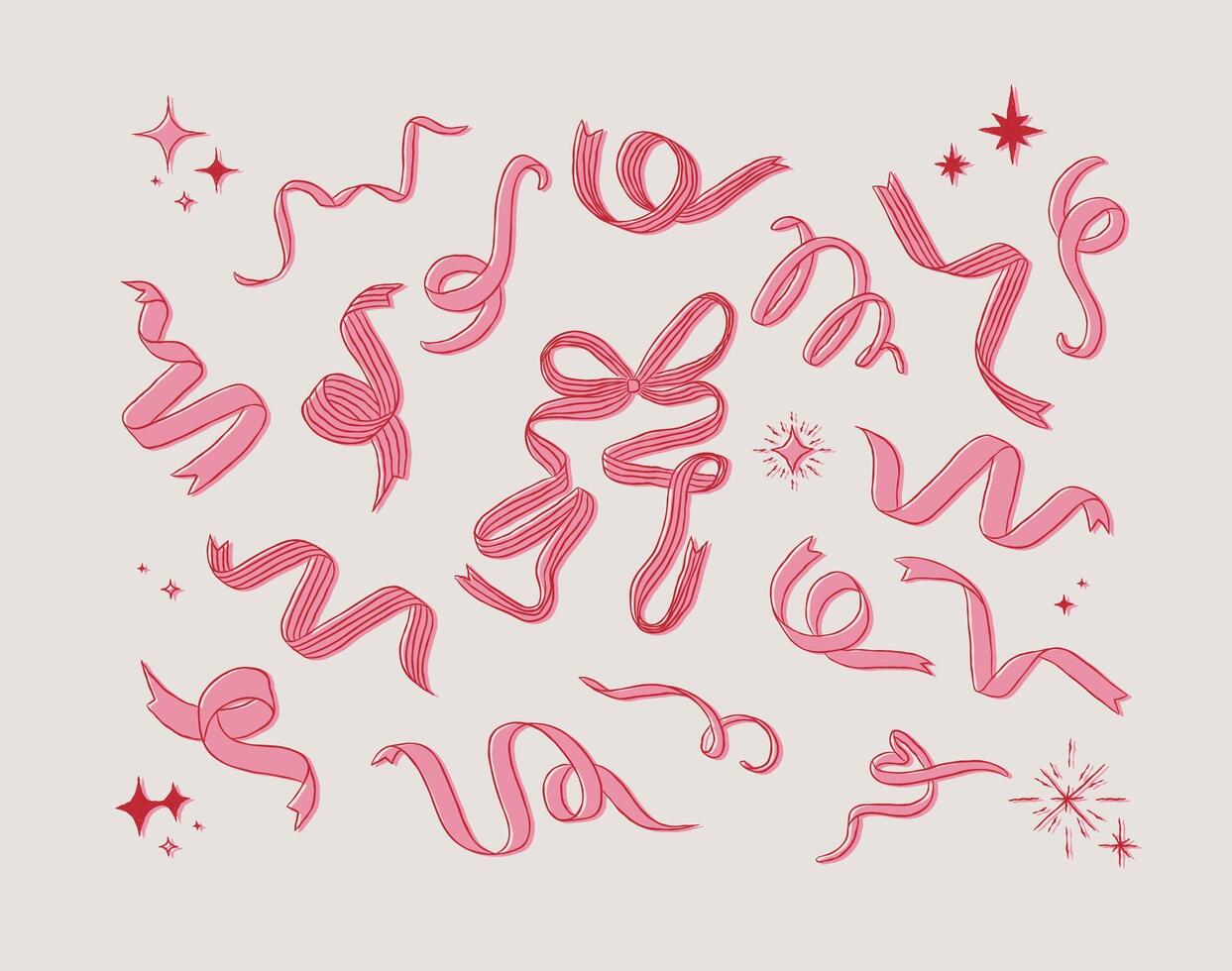 Ribbon variety shapes with swirl and stars collection drawing with red on beige background vector