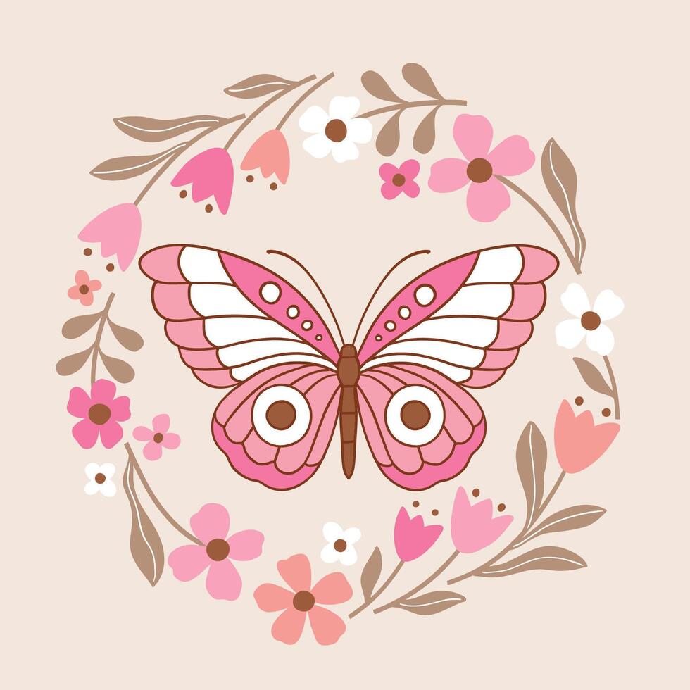 Boho butterfly in floral wreath. Hand drawn butterfly with tiny flowers. Perfect for tee shirt logo, greeting card, poster, invitation or print design. vector
