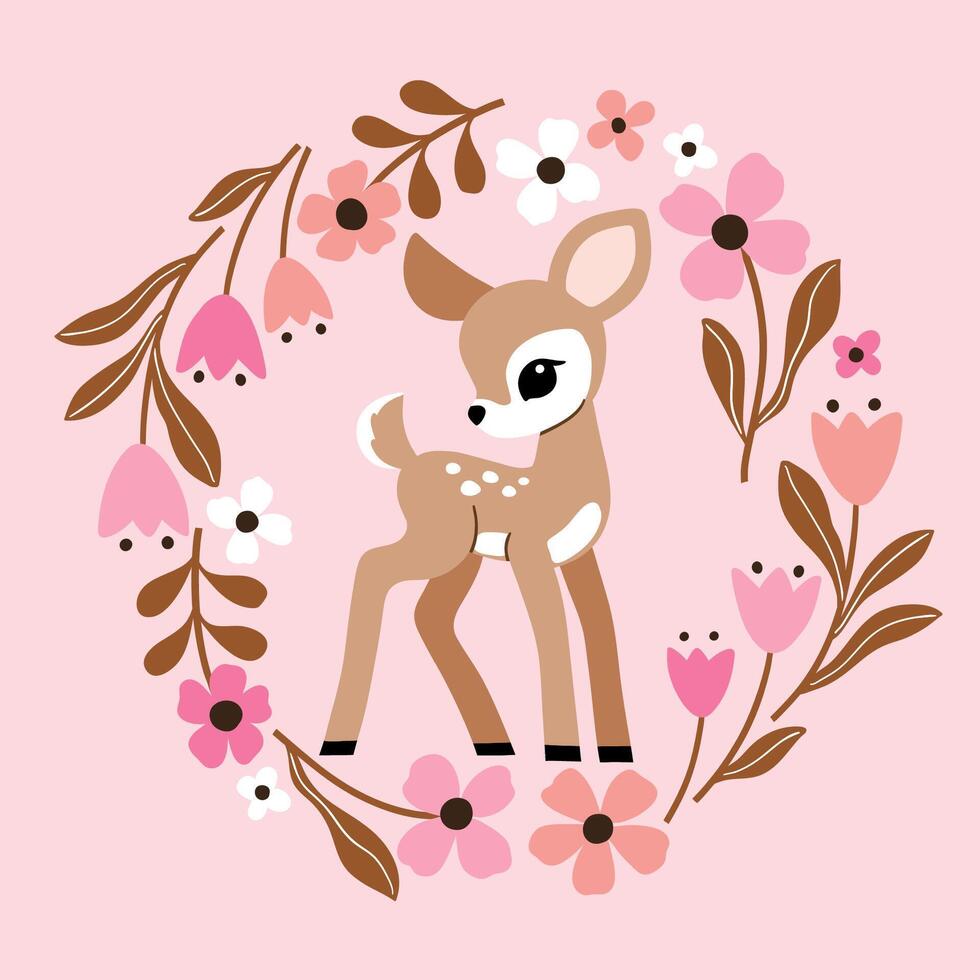 Cute vintage deer in floral wreath. Hand drawn fawn illustration. Perfect for tee shirt logo, greeting card, poster, invitation or print design. vector