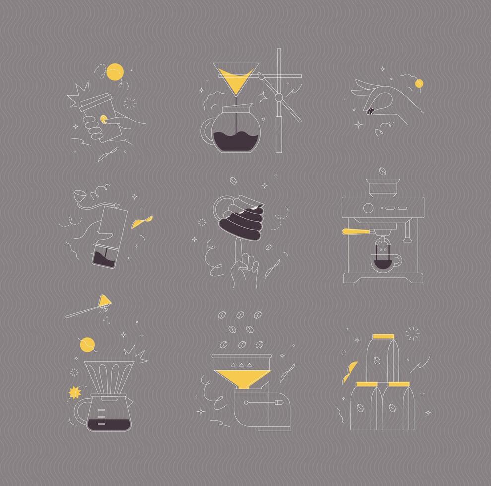 Coffee symbols set cup, pot, grinder, bean, machine, pot, mill, pack drawing in minimalist style on brown background vector