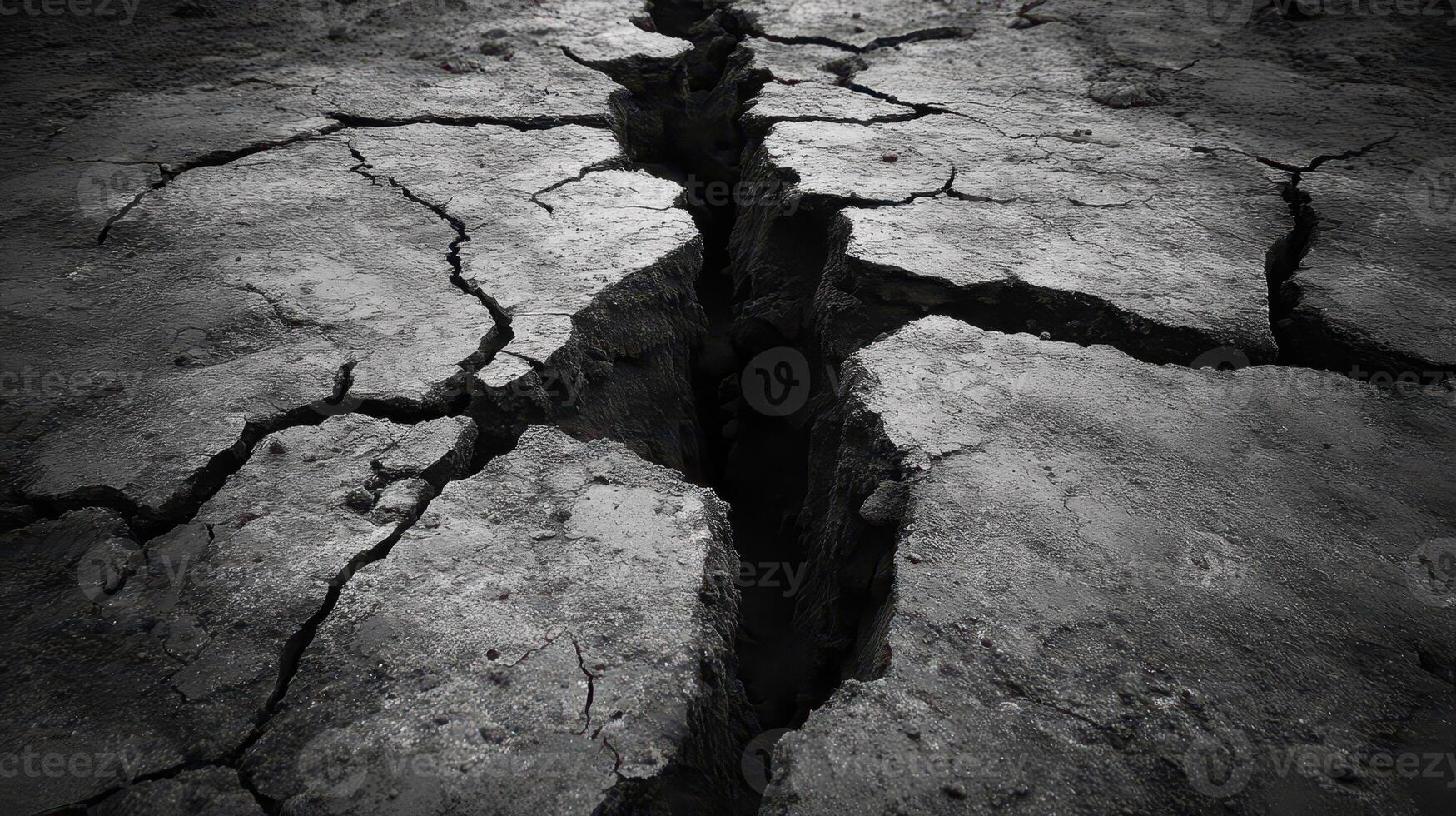 Dry cracked earth, deep fissure, arid landscape, drought impact, environmental crisis photo