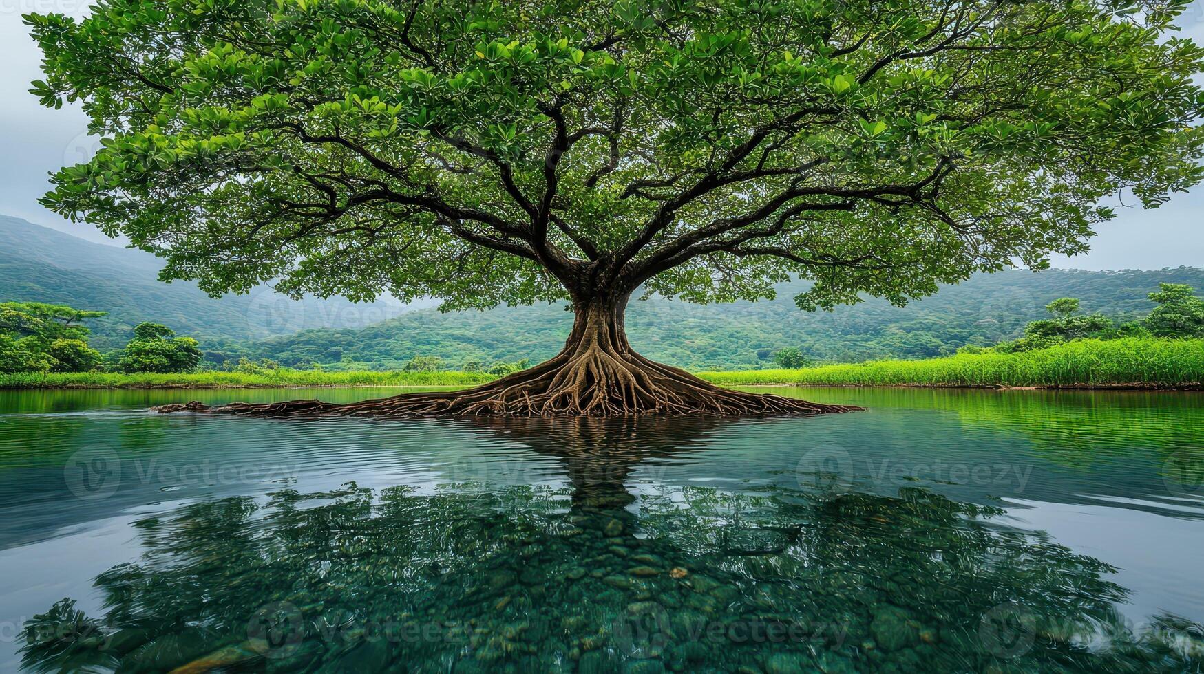 Majestic tree, tranquil river, lush mountains, nature serenity, eco poster photo